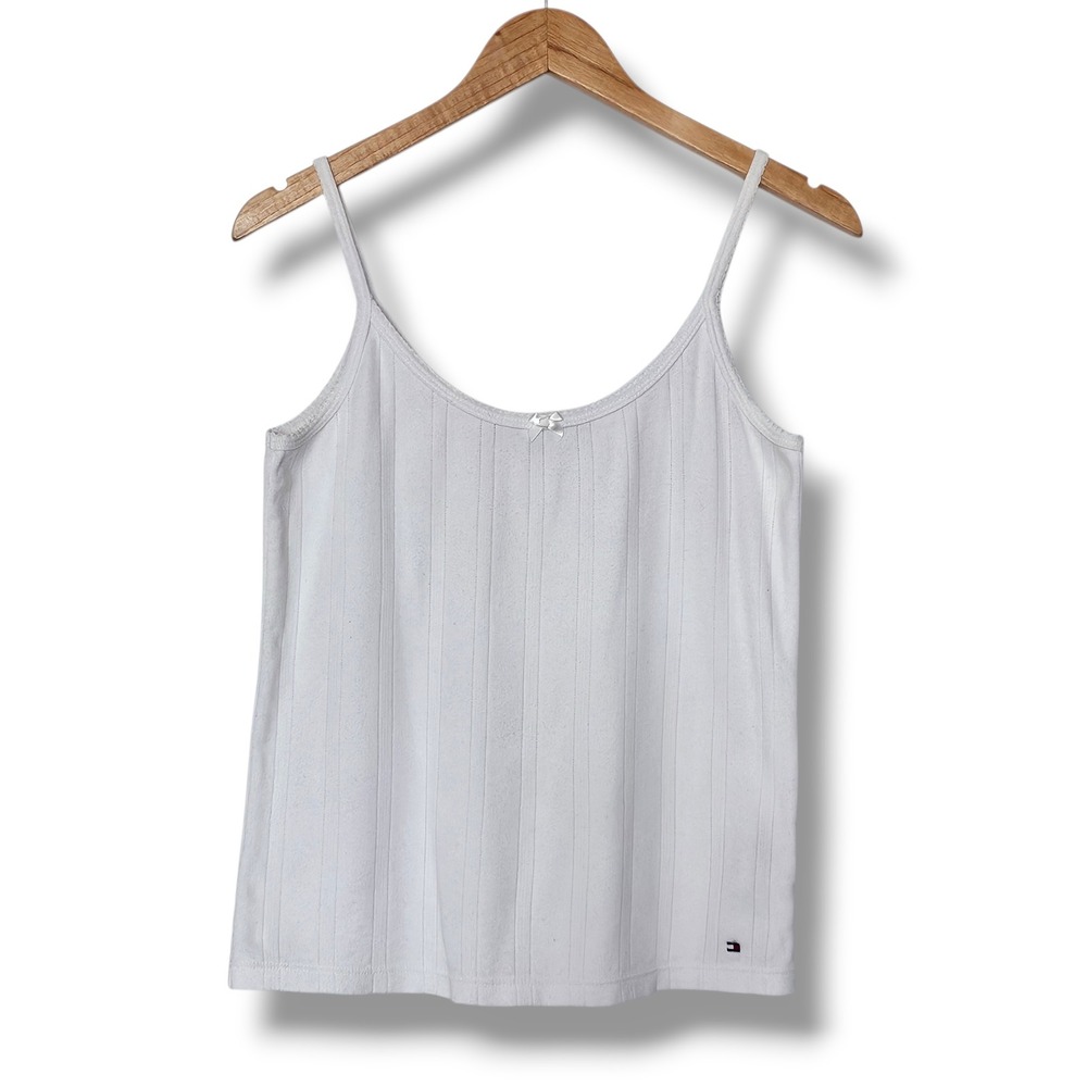 Y2K Tommy Hilfiger Cami L Womens White Rib‎ Knit Bow Tank Top Vtg Baby Tee 90s